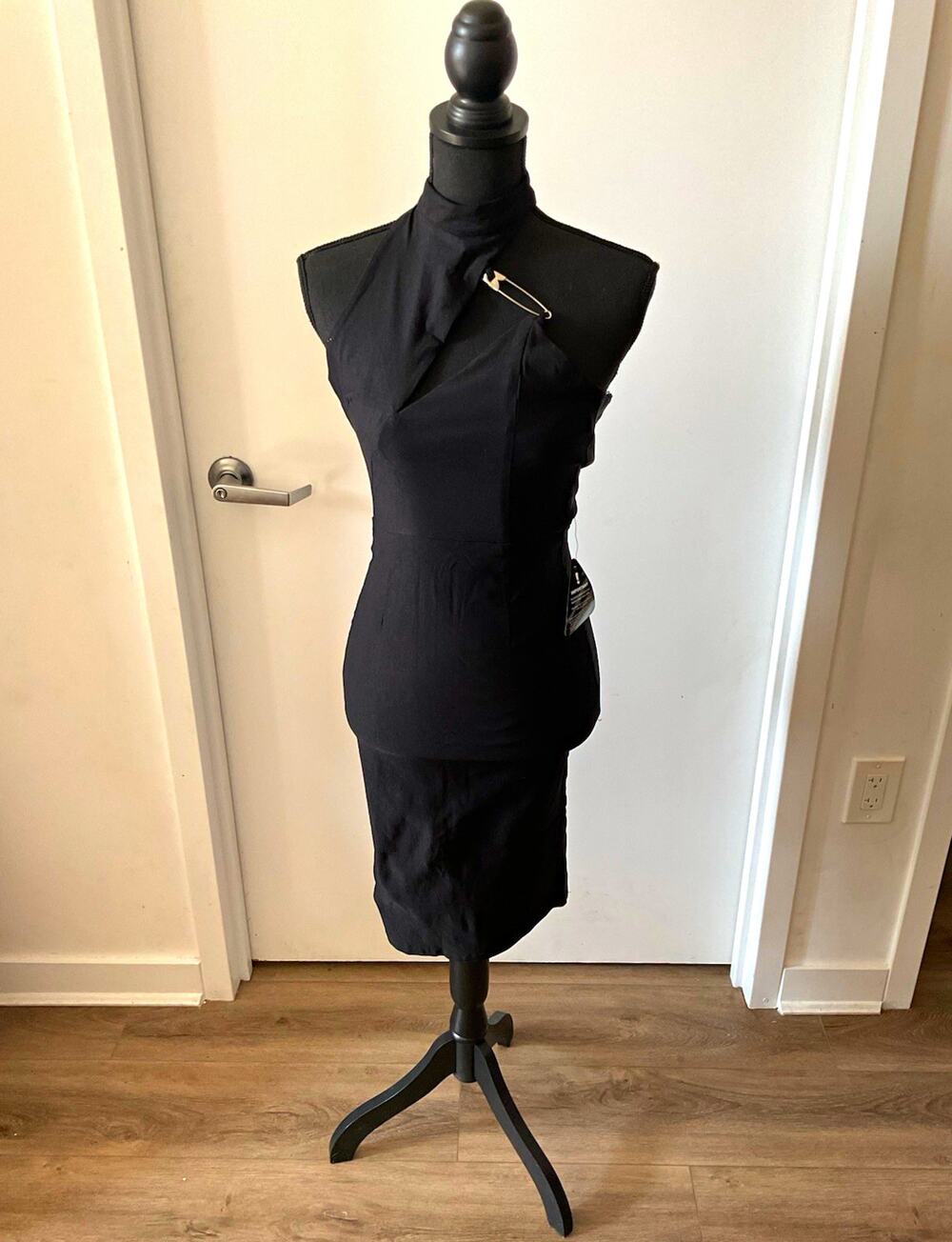 Rare London Black Bodycon Midi Dress High Neck Safety Pin Detail Glam NWT XS 2